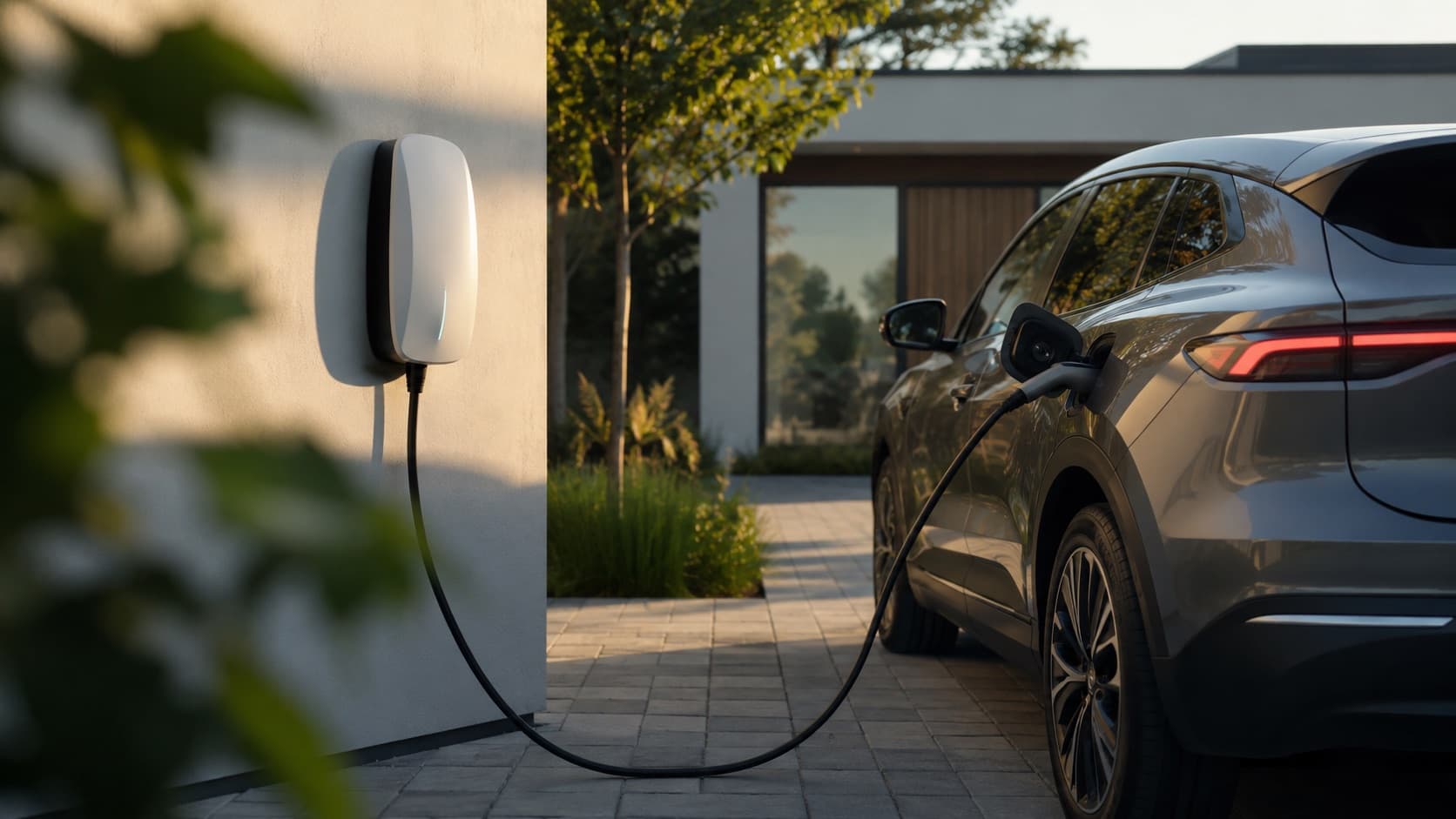 Borne de recharge murale blanche fixée au mur d'une maison, câble branché sur un SUV électrique gris garé dans une allée pavée à la lumière du soir
