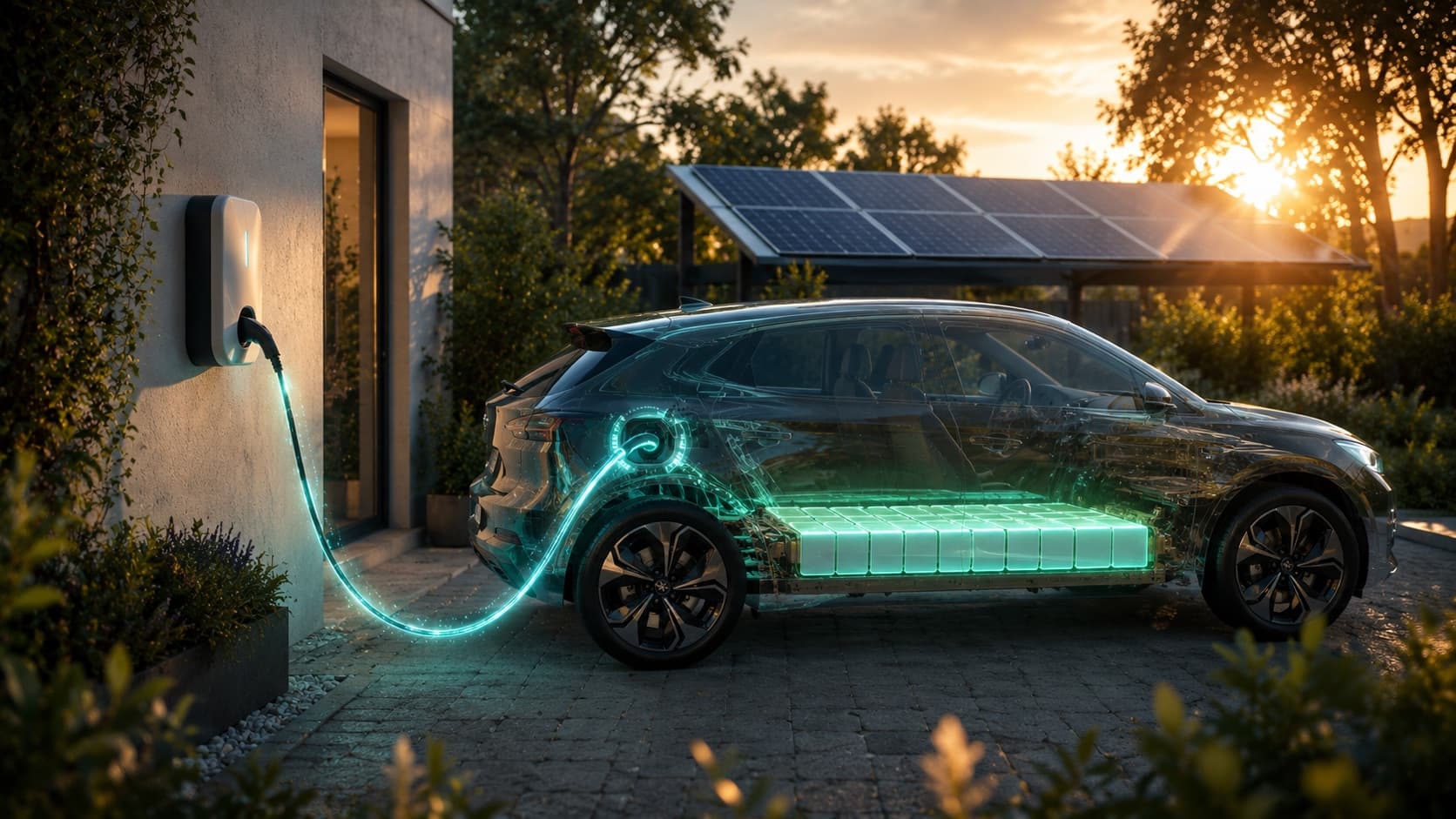 Voiture électrique à la carrosserie transparente révélant une batterie verte lumineuse en charge, branchée à une borne murale, avec des panneaux solaires et un jardin au coucher du soleil