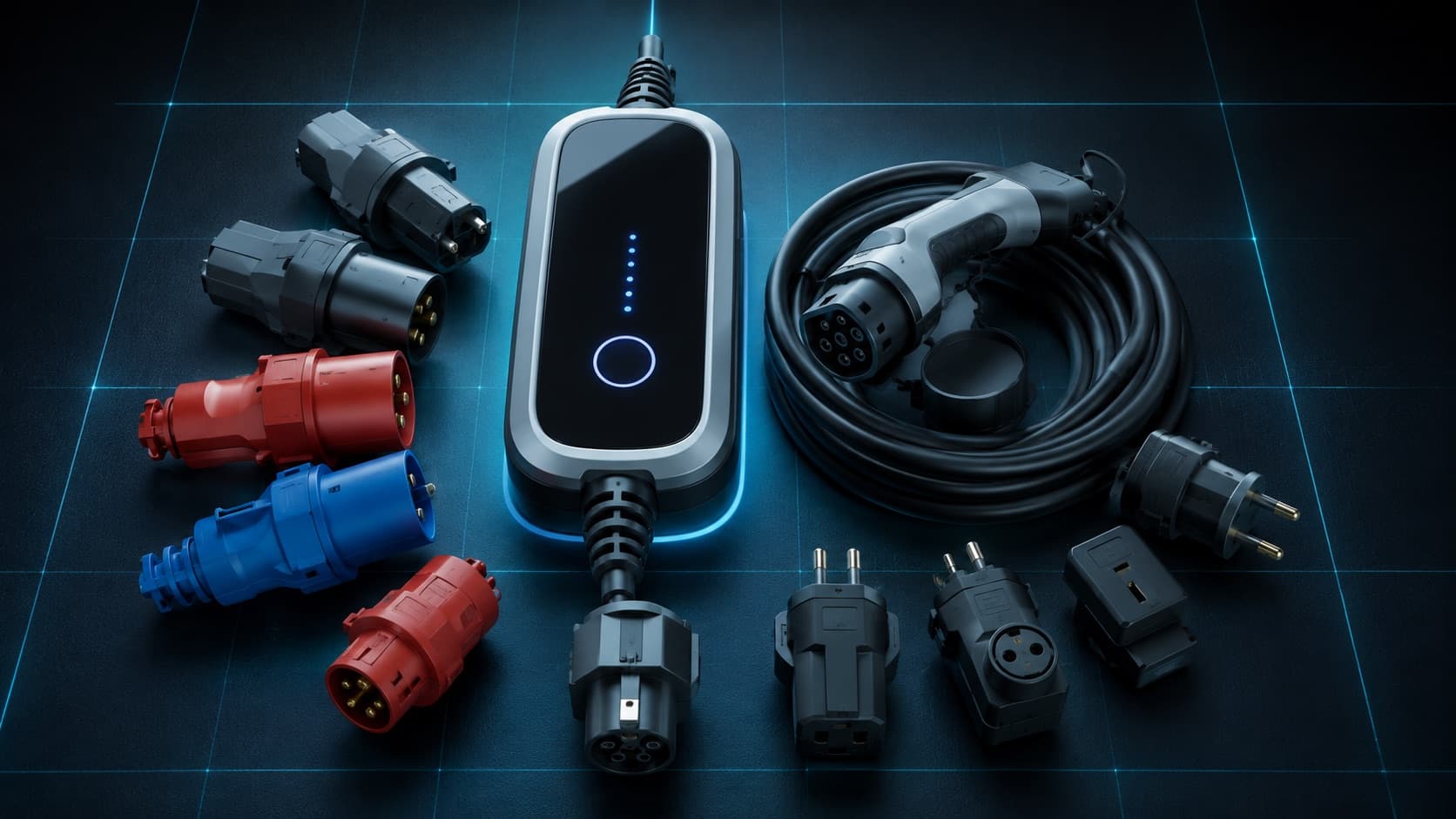 Une borne de recharge mobile compacte pour voiture électrique, câble Type 2 enroulé et jeu d'adaptateurs de prise posés à côté, sur fond sombre à l'éclairage bleu-vert