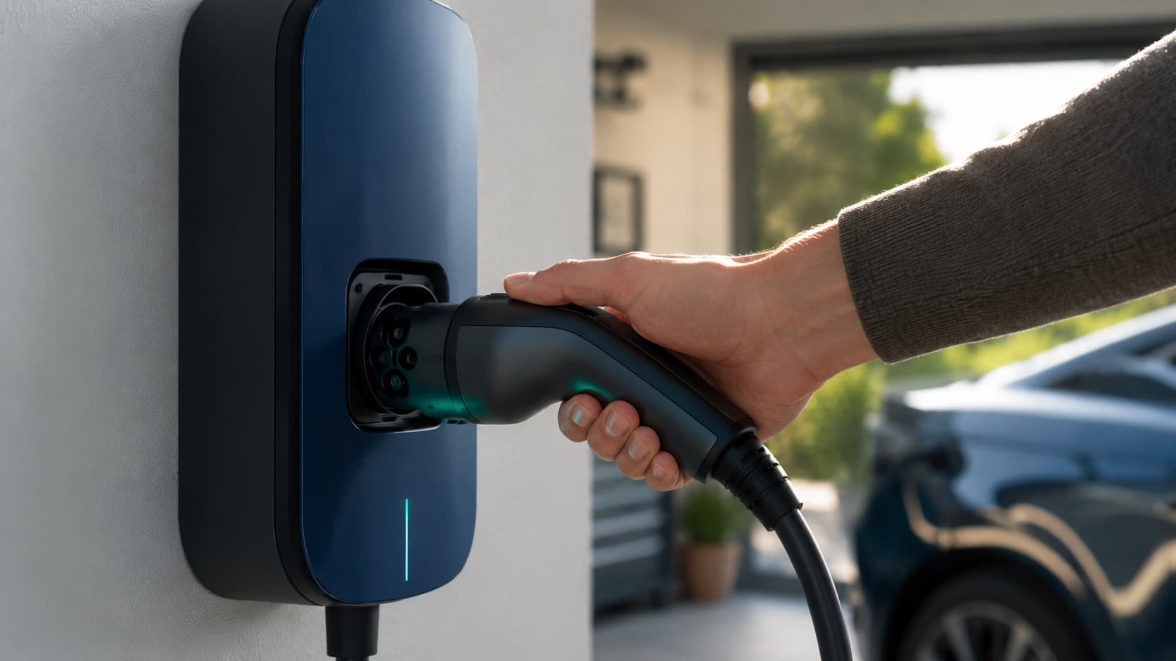 Gros plan d'une main branchant un connecteur Type 2 sur une borne de recharge murale compacte fixée au mur d'une maison