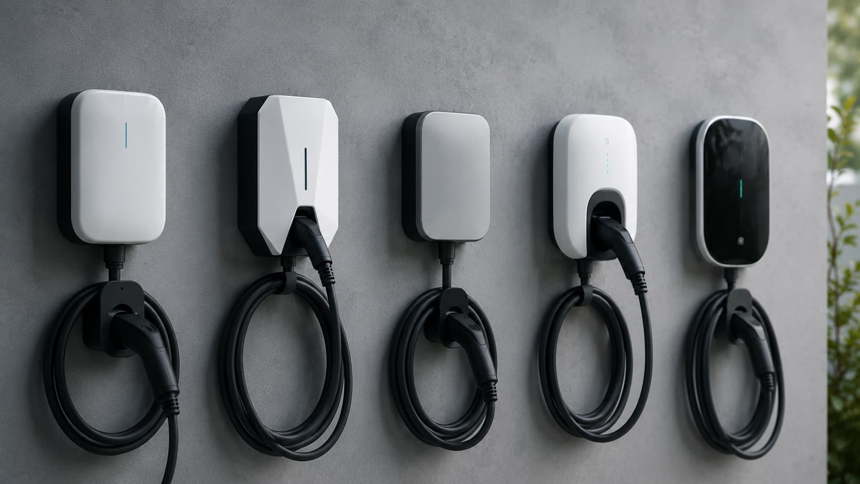 Plusieurs bornes de recharge murales triphasées alignées sur un mur de garage moderne, câbles Type 2 enroulés, comparatif des modèles 11 kW