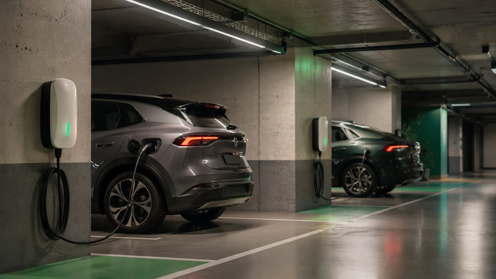 Deux véhicules électriques en charge sur des bornes murales dans un parking souterrain de copropriété, emplacements matérialisés au sol en vert