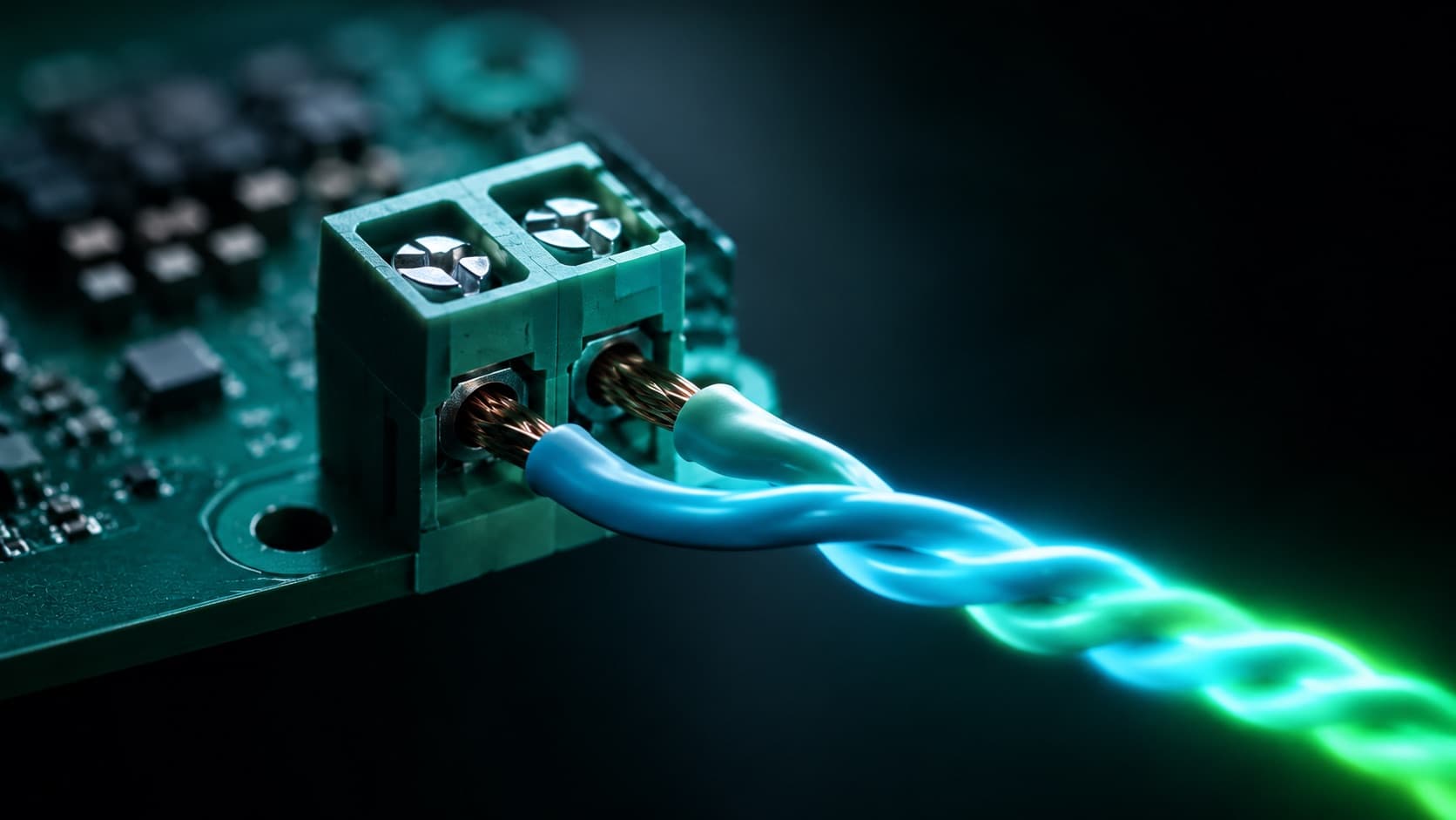 Gros plan macro sur deux fils de cuivre vissés dans un bornier vert au bord d'un circuit imprimé ; la paire torsadée s'éloigne vers la droite, nimbée d'un dégradé lumineux cyan puis vert sur fond sombre
