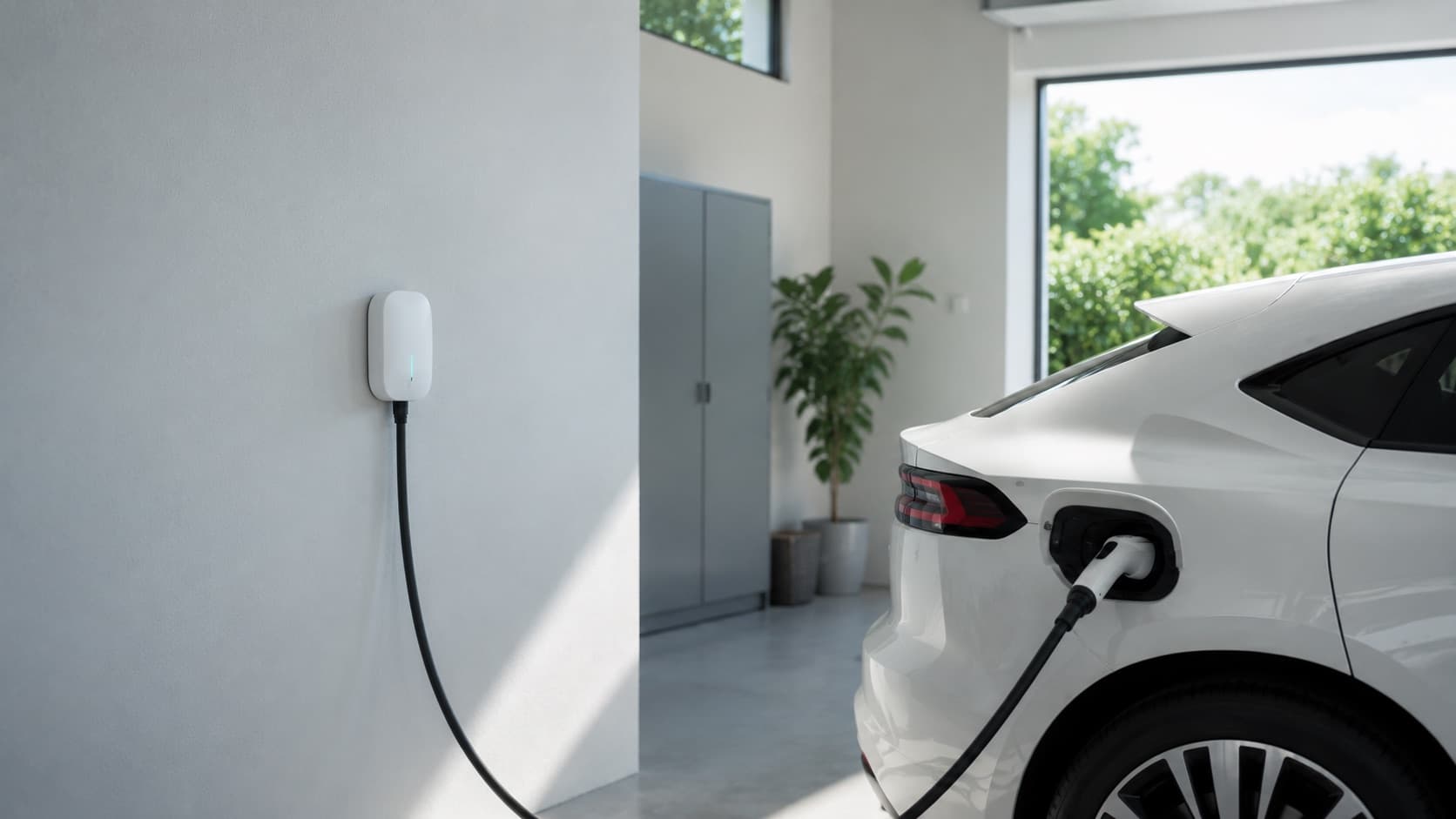 Borne de recharge murale blanche compacte fixée à un mur clair dans un garage lumineux, câble branché sur un véhicule électrique blanc