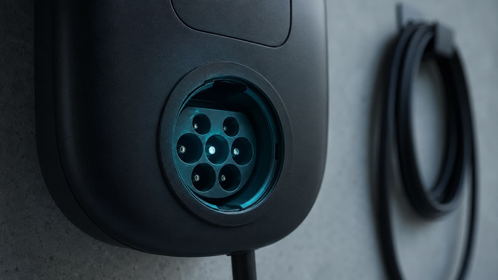 Gros plan sur la prise Type 2 d'une borne de recharge Hager Witty noire, le connecteur souligné d'un halo lumineux cyan, un câble Type 2 lové en arrière-plan sur un mur de béton