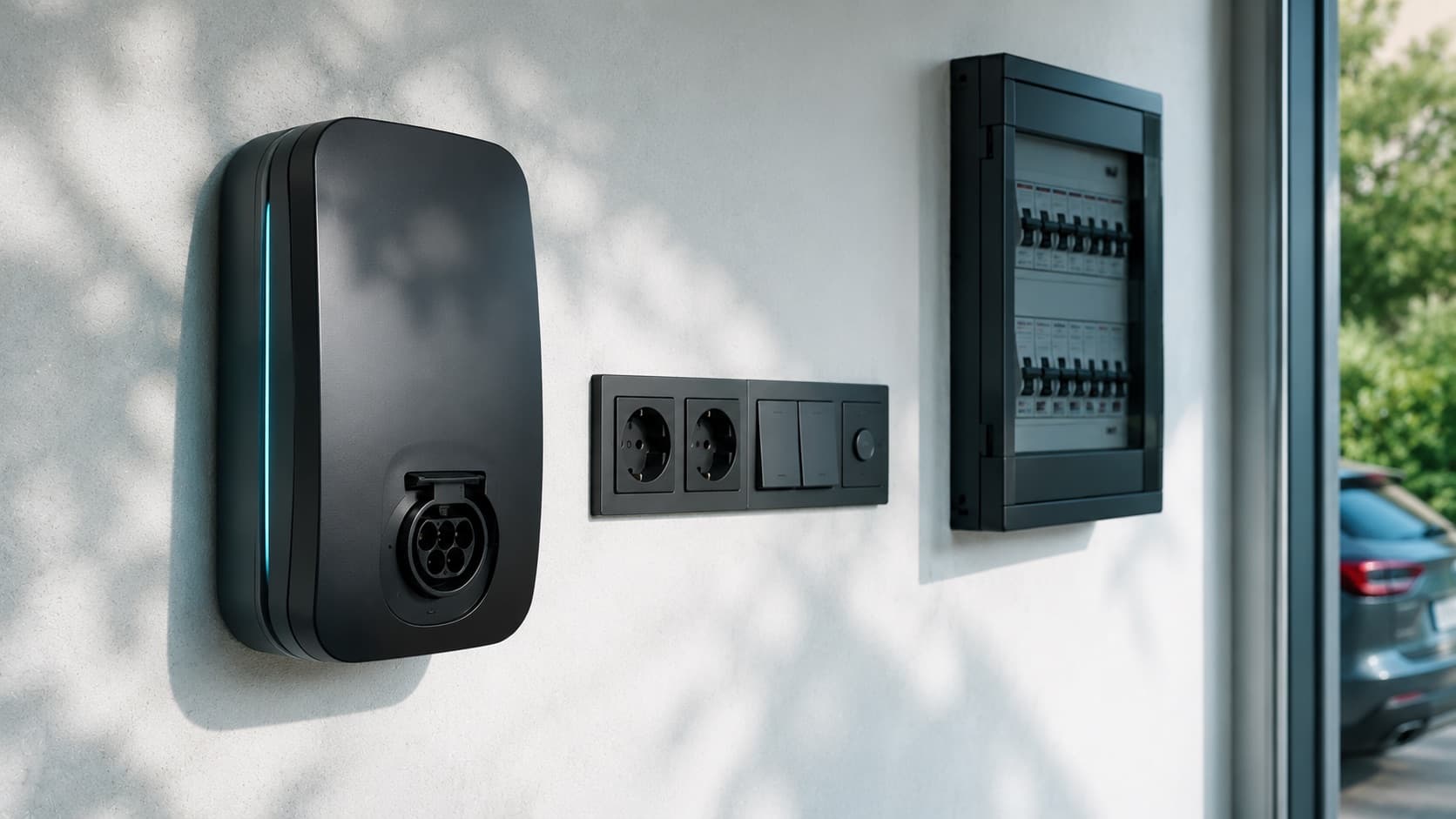 Borne de recharge murale anthracite à prise Type 2, fixée sur le mur clair d'une maison à côté de prises, d'interrupteurs et d'un tableau électrique, illustrant une borne intégrée à l'appareillage domestique