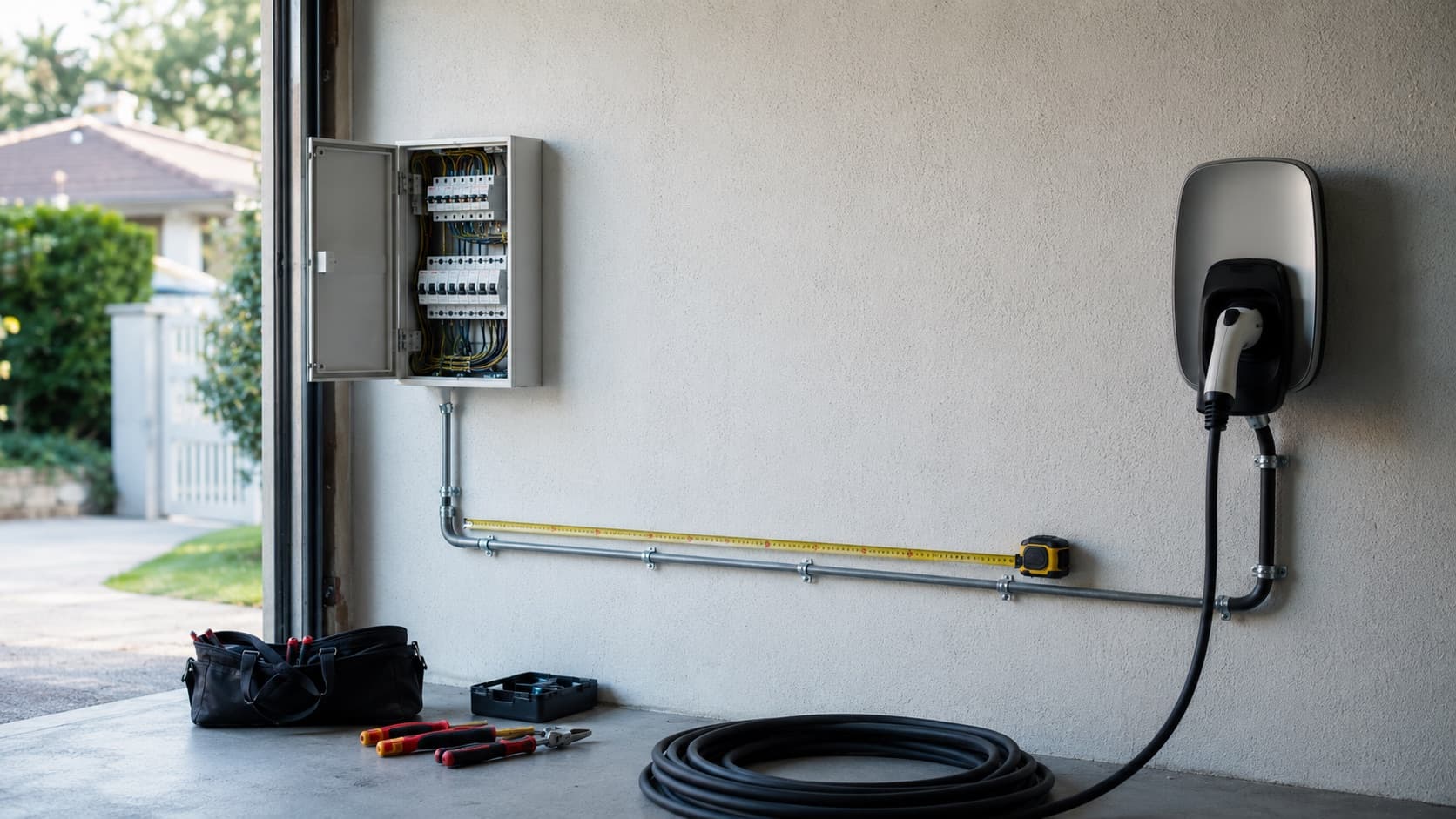 Borne de recharge murale dans un garage, reliée par un conduit à un tableau électrique ouvert, un mètre déroulé le long du mur et des outils d'électricien au sol — le prix d'une installation tient surtout à la pose