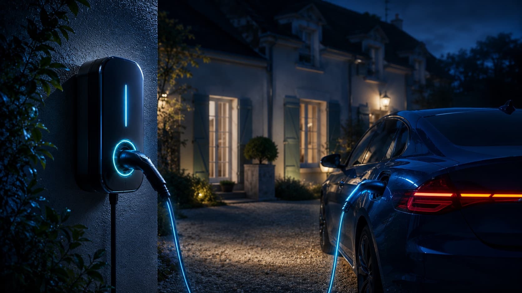 Borne de recharge murale reliée à une berline électrique par un câble lumineux, devant une maison à la tombée de la nuit