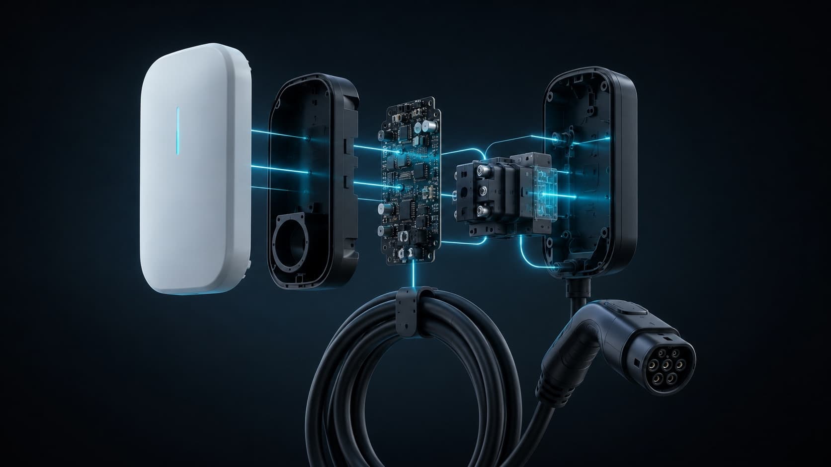 Vue éclatée d'une borne de recharge murale : coque, carte électronique, contacteur et câble Type 2 séparés et reliés par des filaments d'énergie cyan, sur fond sombre