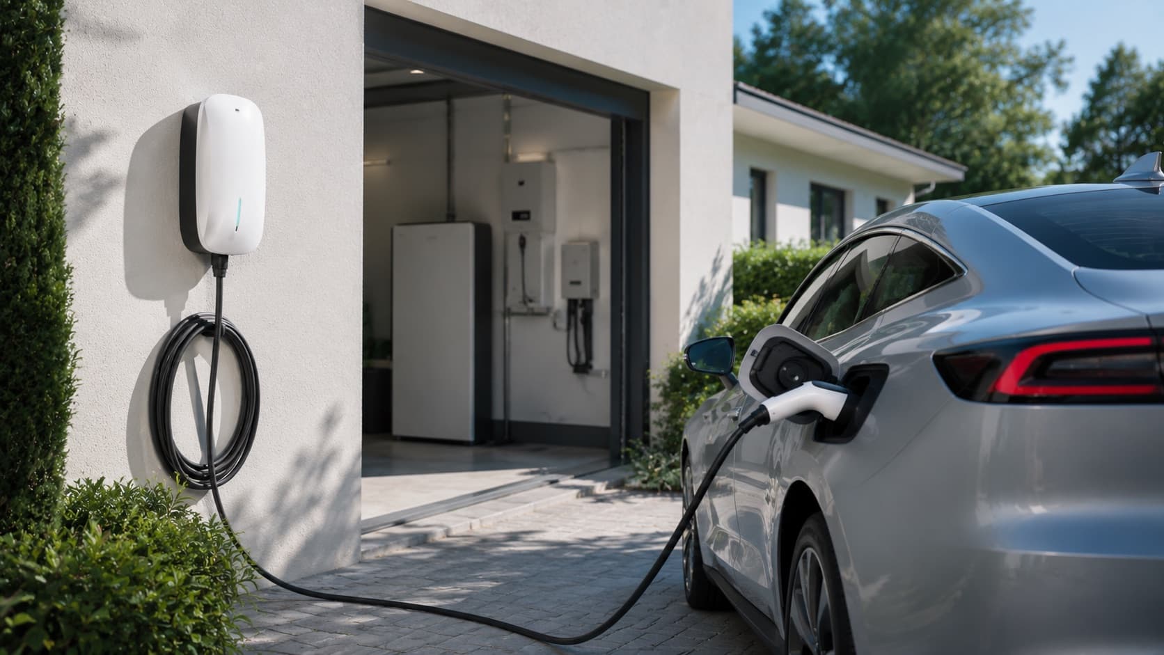 Borne de recharge murale blanche fixée à la façade d'une maison, câble branché sur un véhicule électrique gris dans l'allée, garage ouvert en arrière-plan