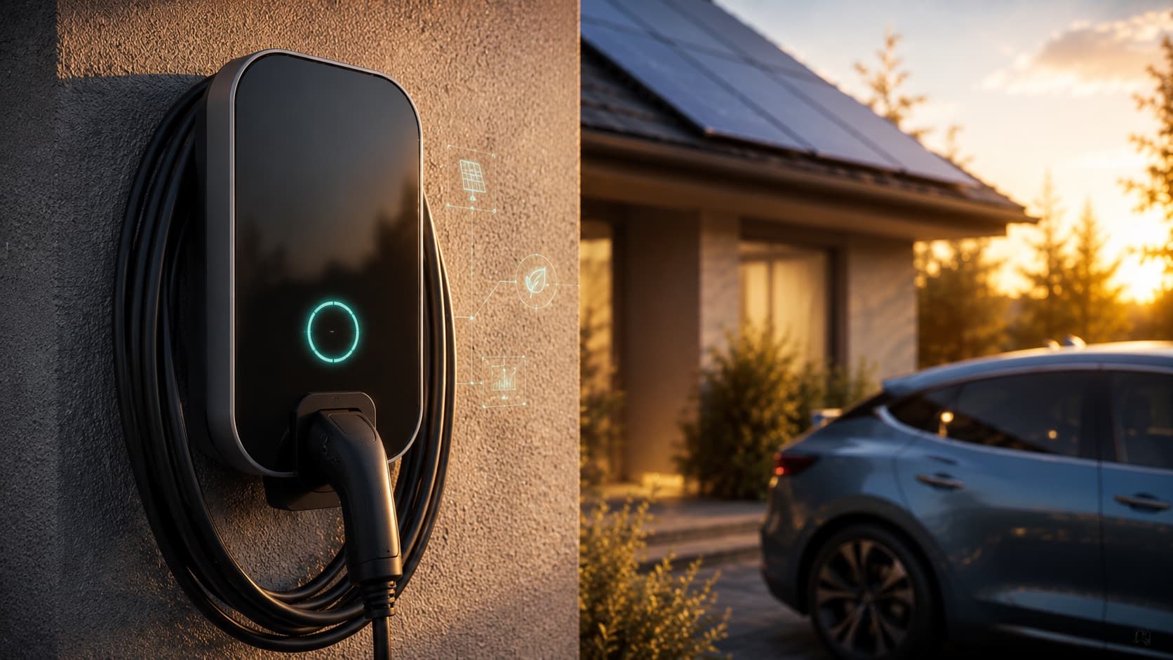 Gros plan d'une borne de recharge murale au halo lumineux cyan et petites icônes solaire/éco ; à droite, une maison à panneaux solaires avec une voiture électrique au coucher du soleil