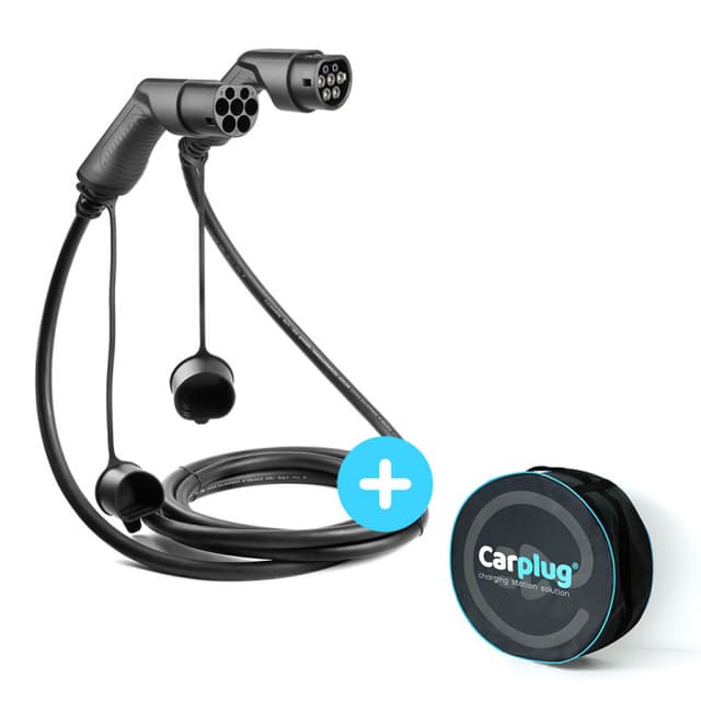 Câble de recharge Type 2 vers Type 2 noir de 7 m, capuchons sur les connecteurs, avec sa housse ronde Carplug