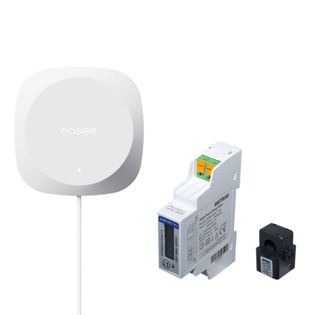 Kit Easee Equalizer monophasé : module blanc carré, compteur d'énergie sur rail DIN et pince ampèremétrique
