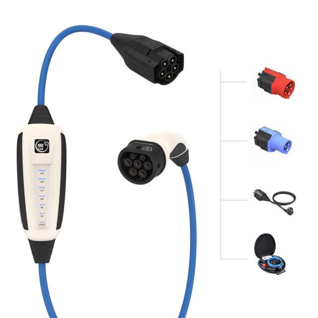 Borne mobile NRGKICK : câble bleu à boîtier de commande, connecteur Type 2 et adaptateurs de prise CEE et domestiques