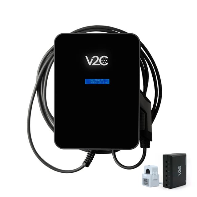 Borne V2C Trydan noire avec câble Type 2 attaché et module de délestage