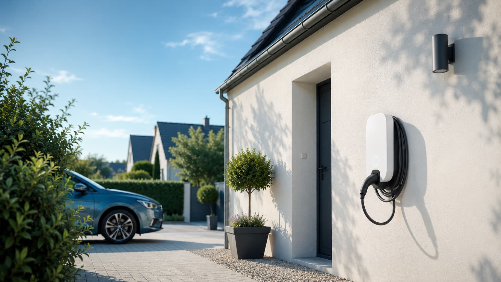 Borne de recharge murale sur la façade ensoleillée d'une maison, une voiture électrique stationnée dans l'allée sous un ciel bleu
