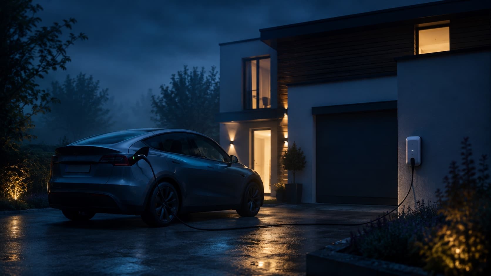 Voiture électrique stationnée la nuit dans l'allée d'une maison moderne aux fenêtres éclairées, une borne de recharge murale sur le mur du garage — illustration de la recharge en heures creuses