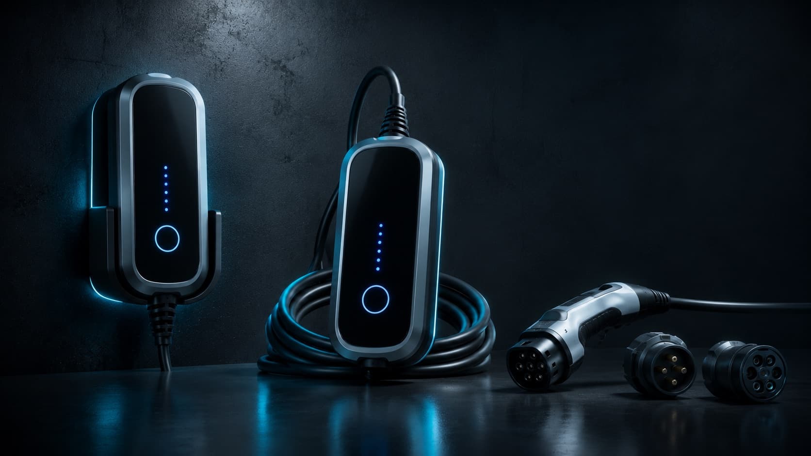 Une borne de recharge mobile compacte façon Juice Booster montrée en deux usages — fixée à un support mural et posée en station nomade avec son câble Type 2 lové —, connecteur et adaptateurs de prise à côté, sur fond sombre à l'éclairage bleu-vert