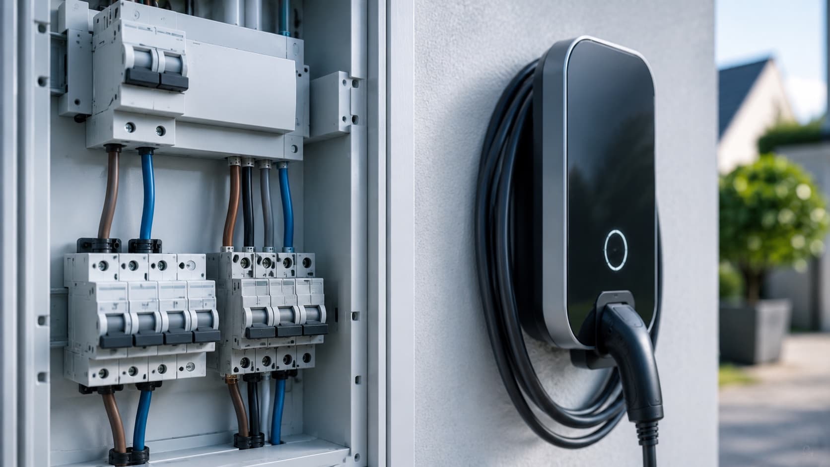Tableau électrique ouvert montrant des disjoncteurs et les fils de phase et de neutre, à côté d'une borne de recharge murale sur le mur extérieur d'une maison
