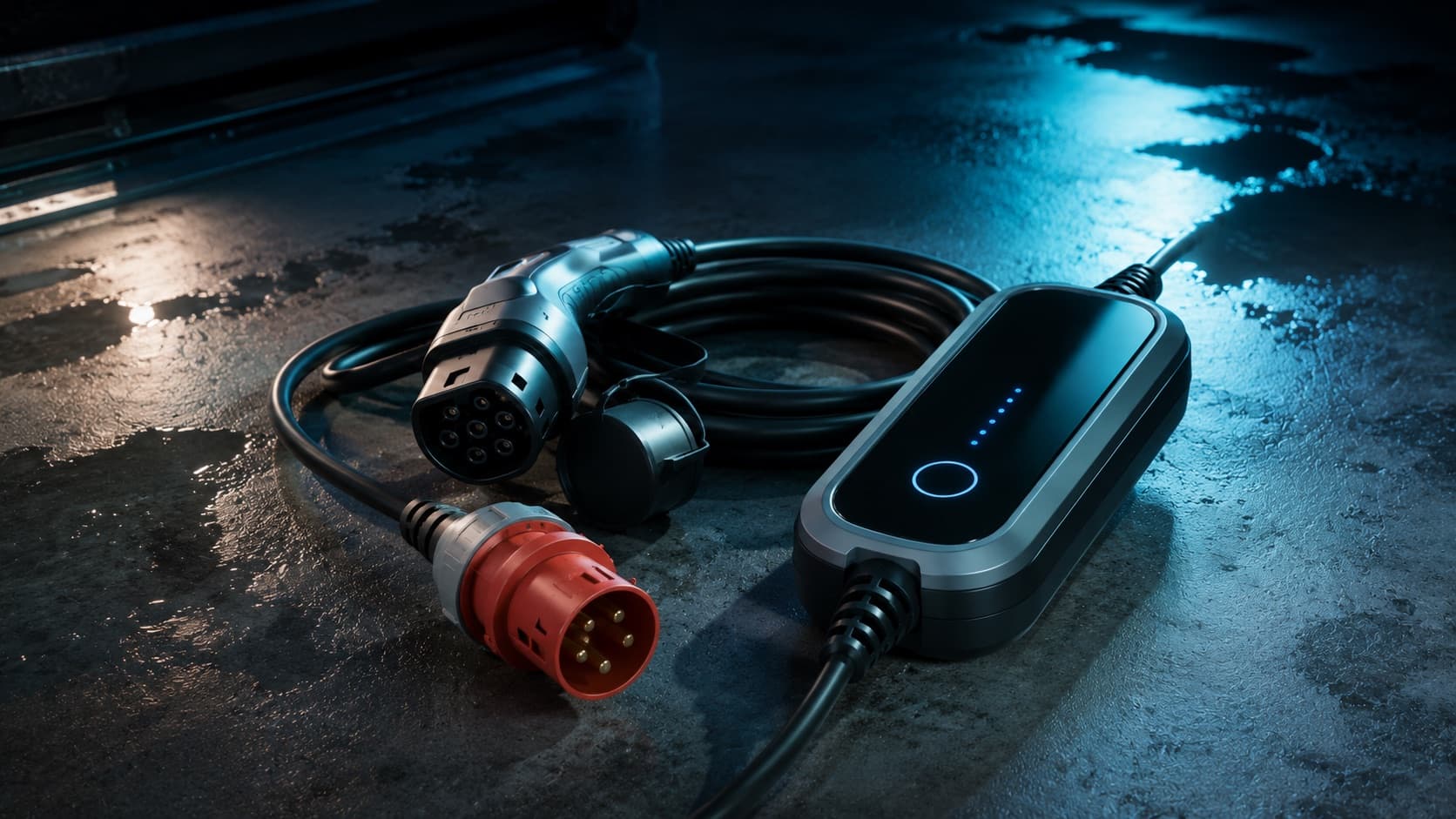 Une borne de recharge mobile compacte façon NRGKICK, module de connecteur Type 2 et adaptateur de prise industrielle CEE posés à côté, câble enroulé, sur fond sombre à l'éclairage cyan