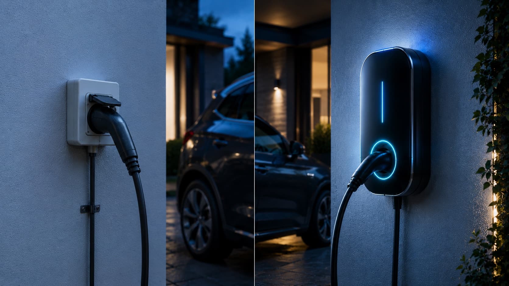Composition comparant à gauche une prise renforcée murale avec sa fiche et à droite une borne murale moderne au halo lumineux cyan, un véhicule électrique au centre devant une maison la nuit