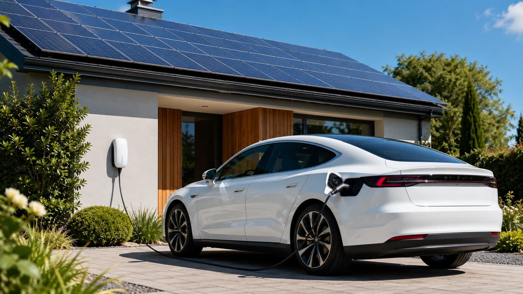 Berline électrique blanche en charge sur une borne murale devant une maison équipée de panneaux solaires en toiture, sous un ciel bleu