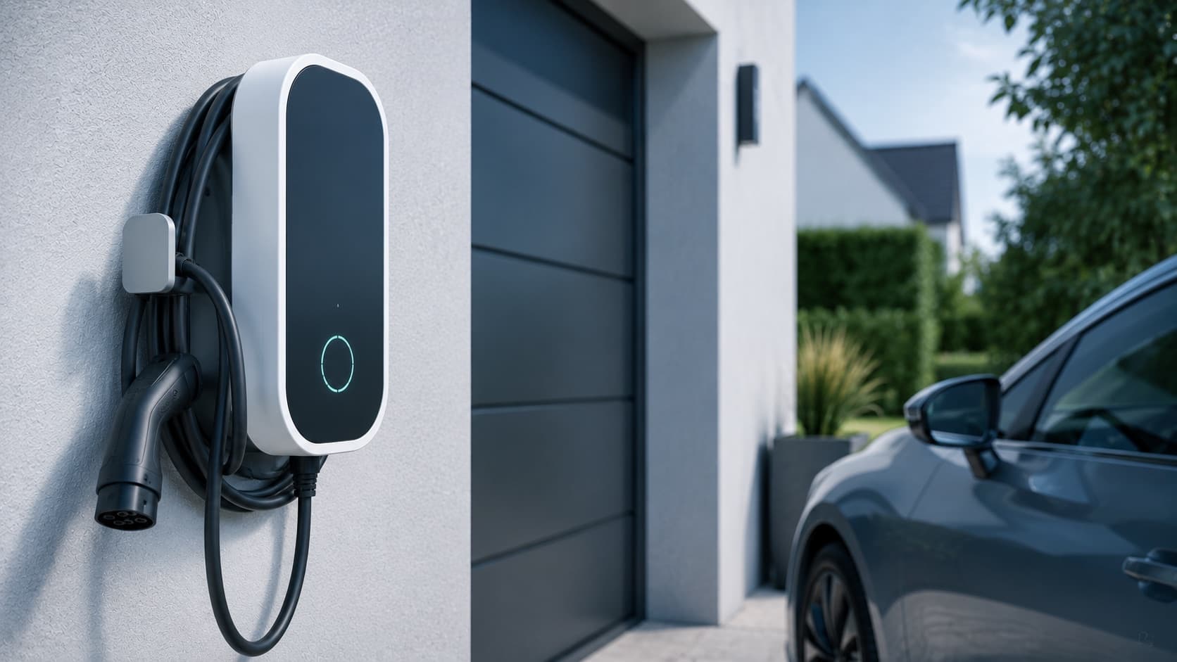 Borne de recharge murale à câble Type 2 attaché, montée près de la porte de garage d'une maison, une voiture électrique grise stationnée à proximité