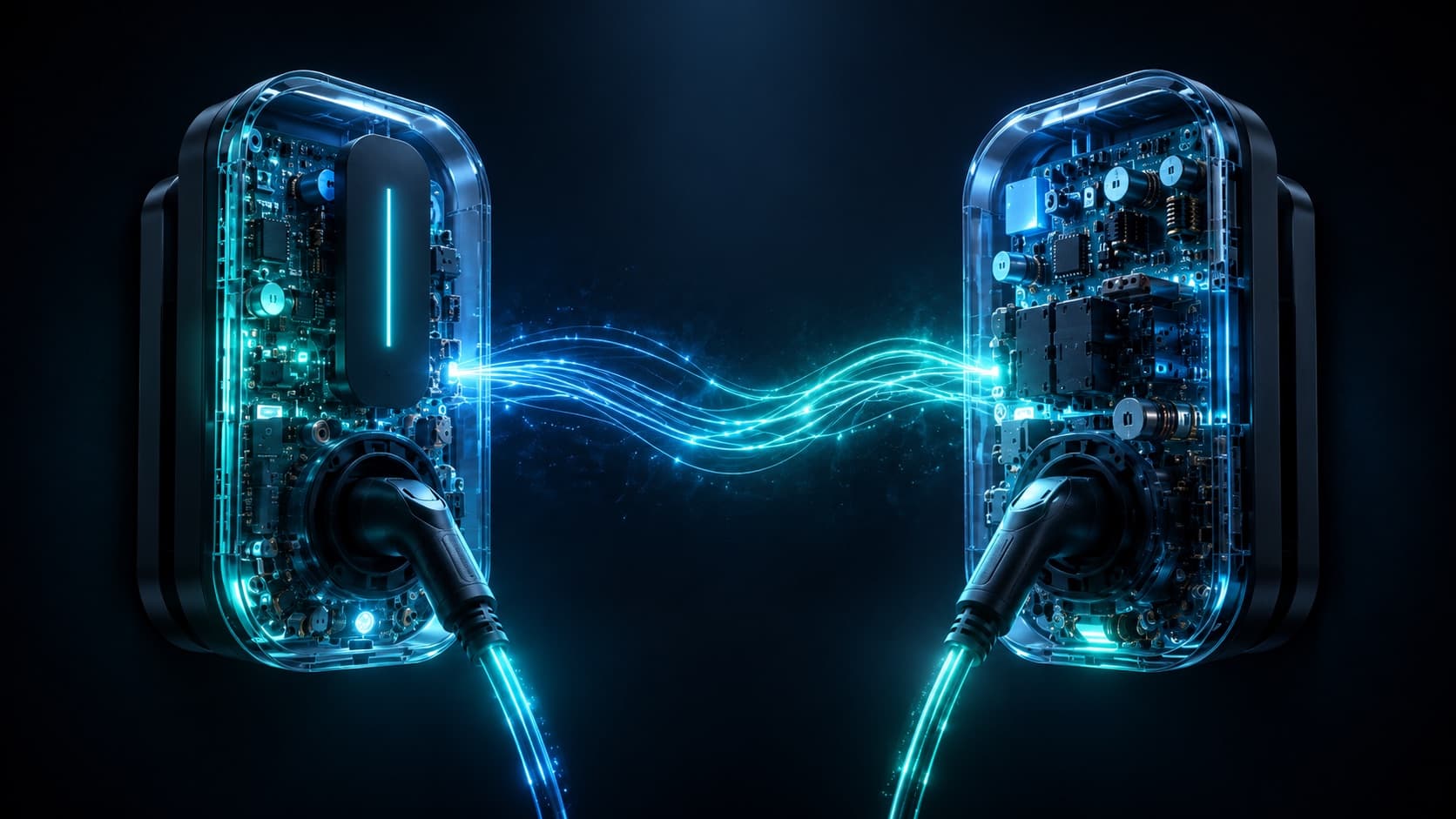 Deux bornes de recharge murales transparentes face à face révélant leurs composants internes, reliées par un arc d'énergie lumineux bleu-vert sur fond sombre